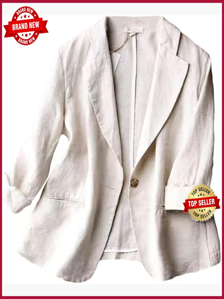 Women's Linen Blend Blazer 3/4 Sleeve V-Neck Button Front Casual